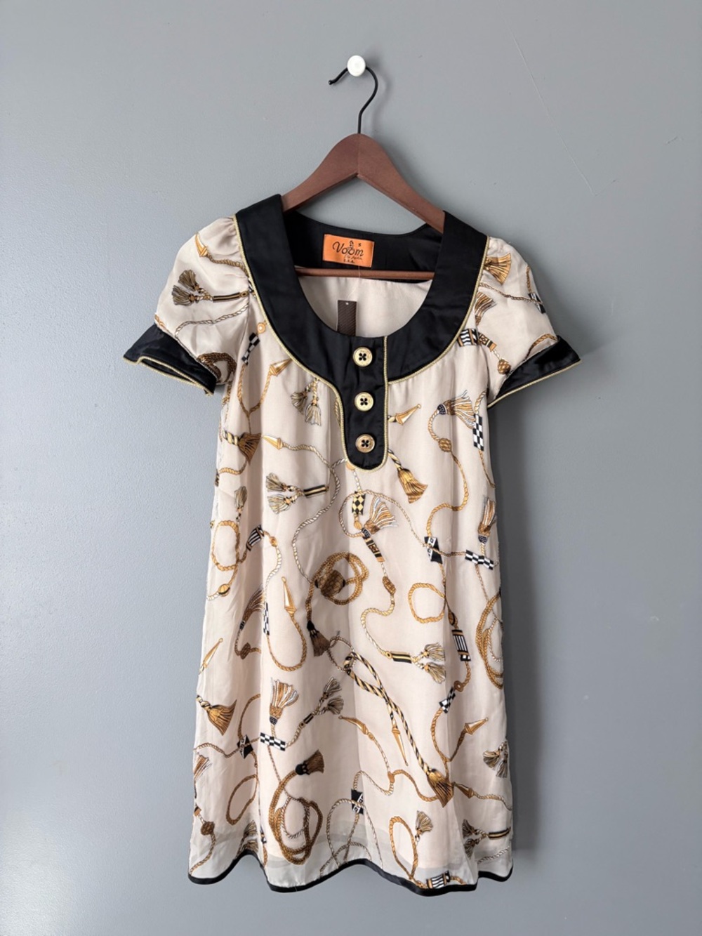 Voom by Joy Han Cream Mini Dress with Black Trim and Gold Rope Print